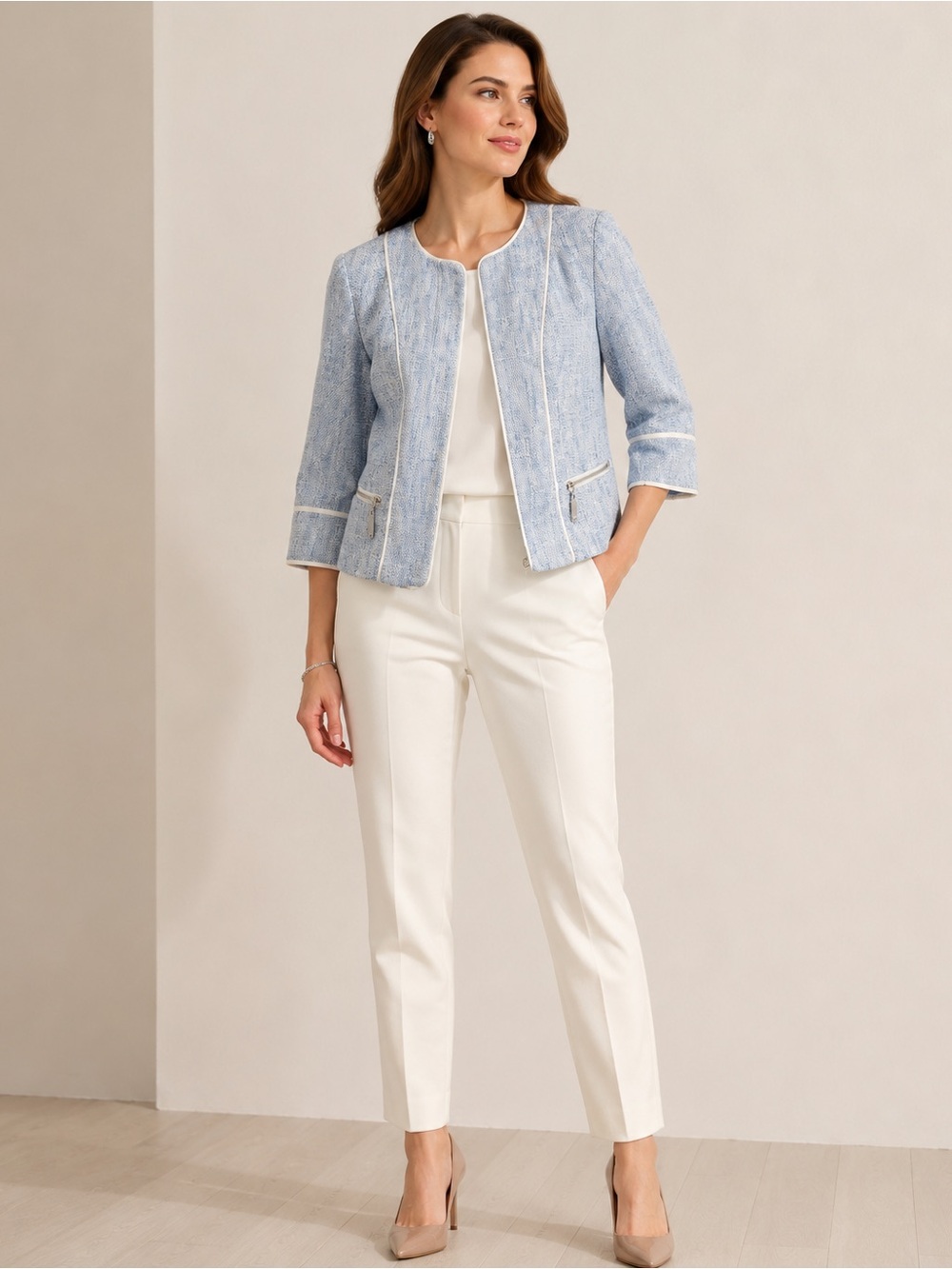 Vince Camuto Blue Tweed Collarless Jacket Blazer Size 0